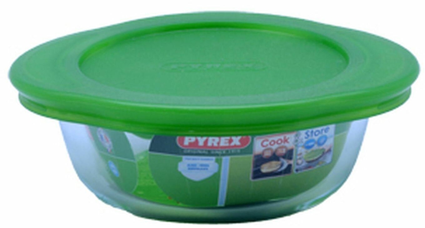 Pyrex Cook &amp; Store Round Dish With Plastic Lid Green And Clear 400ml