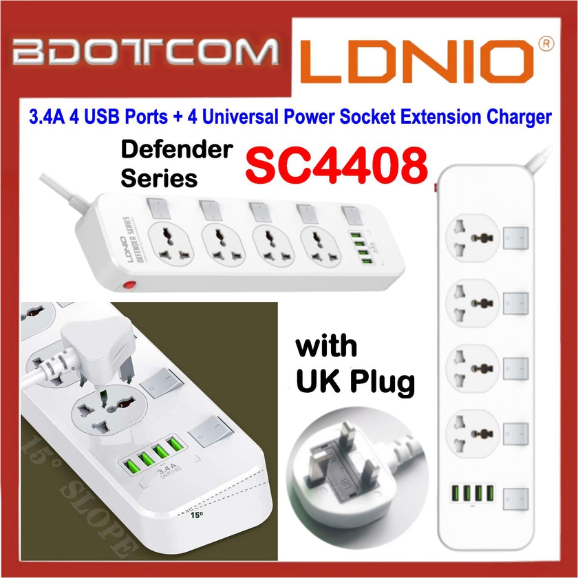 LDNIO SC4408 Socket Extension Charger with 2M Cord for Samsung
