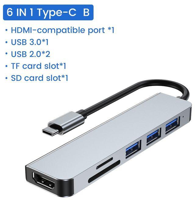 （6 IN 1 B）USB C Hub Type C To HDMI-compatible Adapter 4K USB 3.0 2.0 Hub TF SD Reader PD For Macbook Air Pro Huawei Computer Accessories