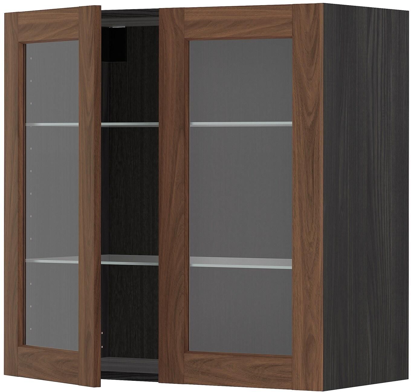 METOD Wall cabinet w shelves/2 glass drs - black Enköping/brown walnut effect 80x80 cm