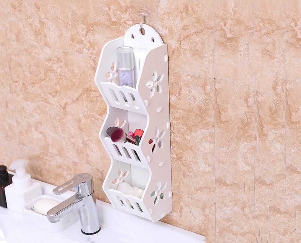 Gdeal DIY 3 Grids Wall Hanging Detachable Wood Plastic Bathroom Wall Shelf