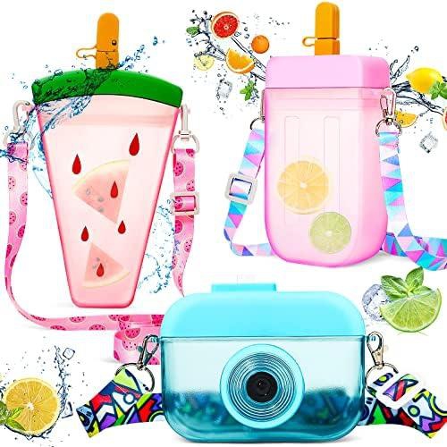 Honeydak 3 Pieces Cute Water Bottles with Straws 300ml Creative Kawaii Camera Shaped Ice Cream Bar Watermelon Adjustable Strap Plastic Water Bottle for School Girls Kids Travel (Red, Pink, Blue)