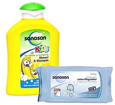 Sanosan Kids Banana Shower & Shampoo - 200ml + Baby Wipes Lotion - 72 Pcs