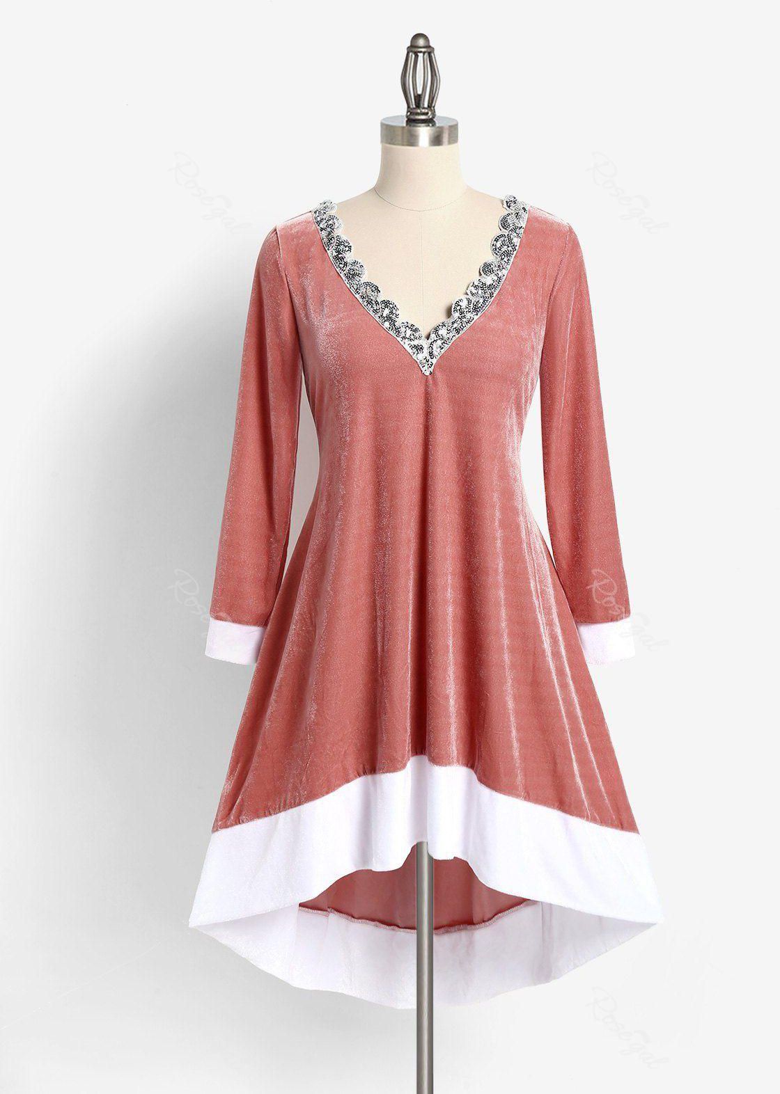 Plus Size Velvet High Low Sequins Dress - 3x