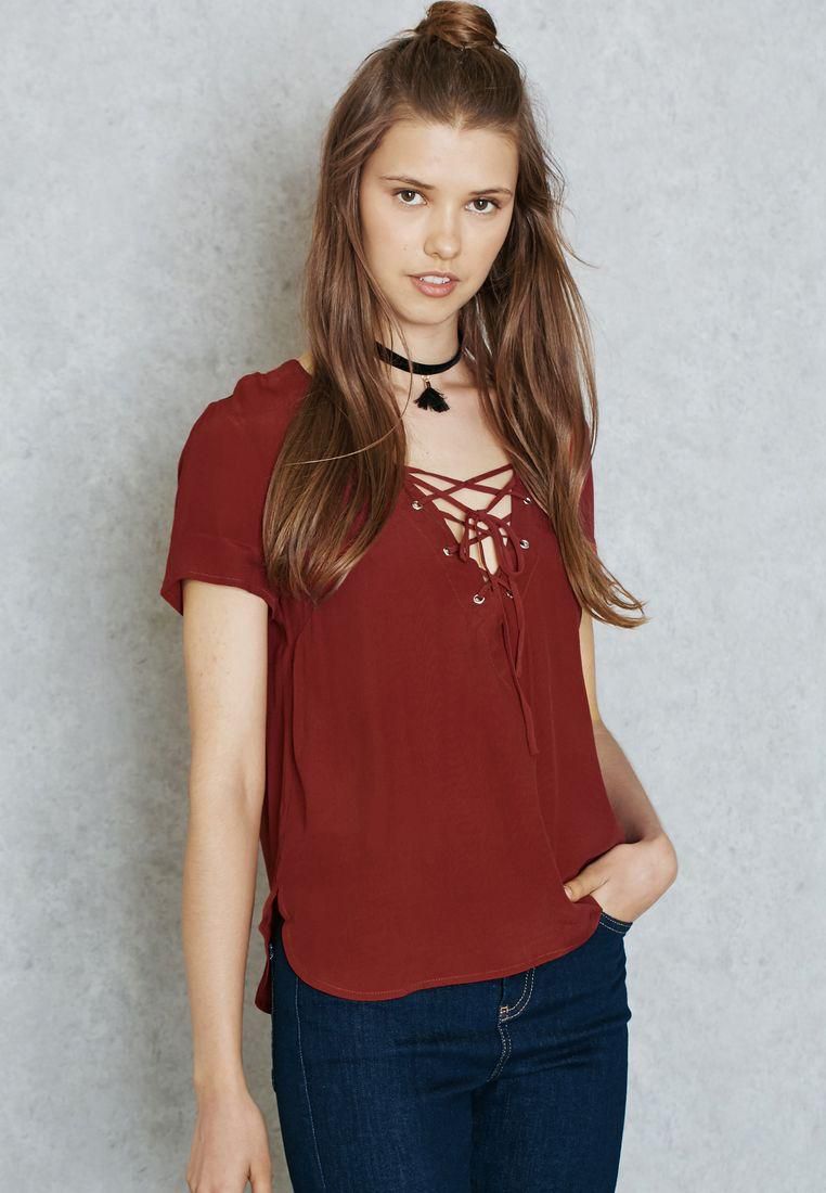 Crinkled Lace Up Top