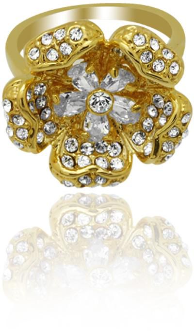 Yellow Gold Plated Ring With White Crystals Flower Shaped [ANT045RI]