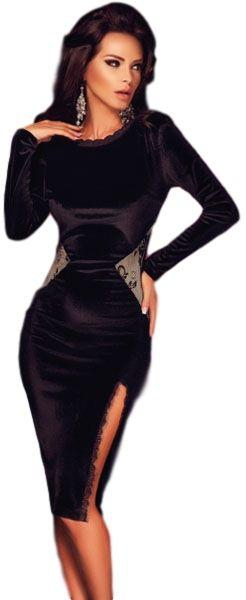 Black Long Sleeve Velvet Midi Dress