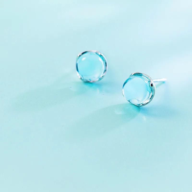 Blue Transparent stone Round Stud Earrings For Fashion Women Engagement Party Fine Jewelry  Gift