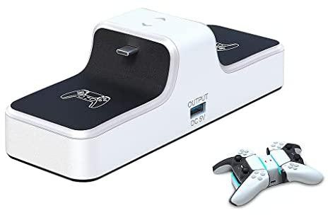 For Ps5 Charger, ELECDON Fast Charging With 2 Charging Ports With Blue Led Light Free Luminous Thumb Grips Dual Sense Controller, Charging Station For Ps5 Dual Controller, White