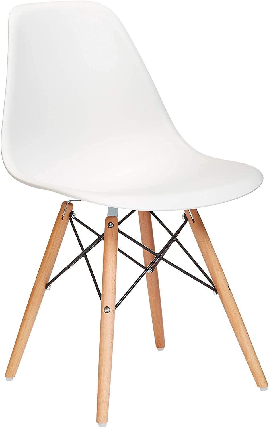  كرسي بلاستيك مع ارجل من خشب لغرفة الطعام بتصميم انيق - كرسي استرخاء بدون اذرع ومقعد خشبي بقاعدة من البلاستيك - ابيض