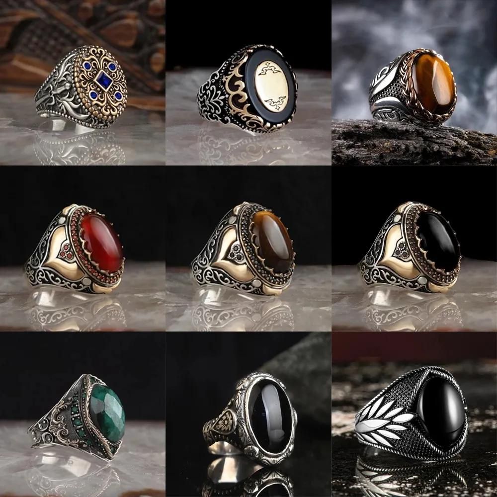 New Vintage Turkish Handmade Silver Men's Ring Vintage Engraved Eagle Pattern Black Zircon Ring