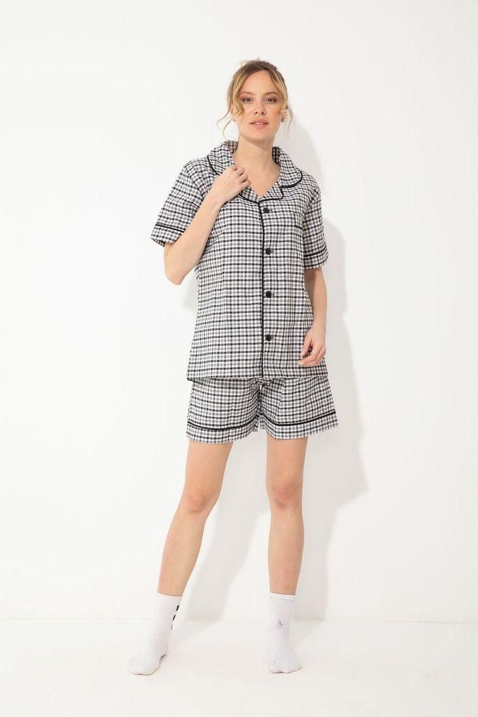Kady Gingham Pattern Buttoned Down Shorts Pajama Set - Black & White