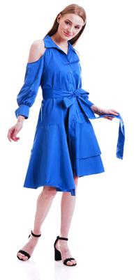 Waist Belt Fastening Solid Color Cotton Dress - size: S (Blue)