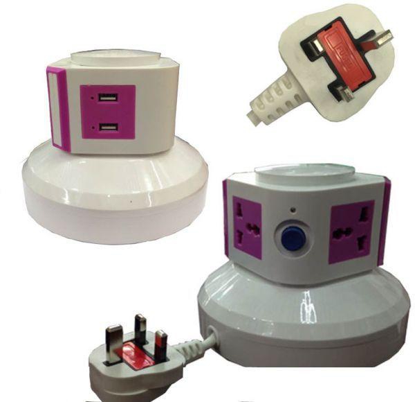 Universal Vertical Extension Socket with 2 USB Ports, 1 Layer, Pink