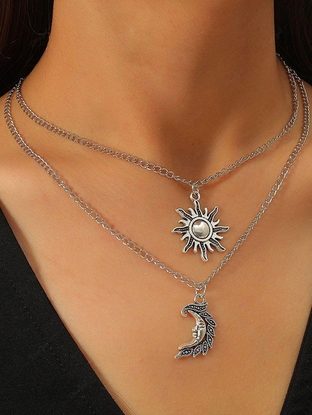 Fashion Sun Moon Layered Pendant Necklace