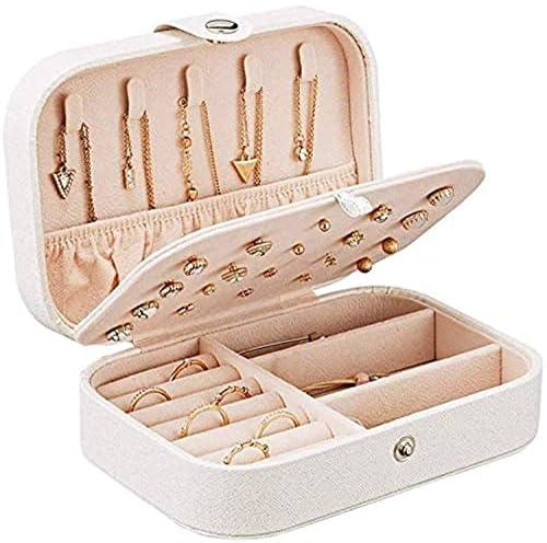 Jewelry Box, Travel Jewelry Organizer for Women, Double Layer Jewelry Travel Organizer, PU Leather Jewelry case for Earrings, Necklaces, Bracelets, Rings, White Beige