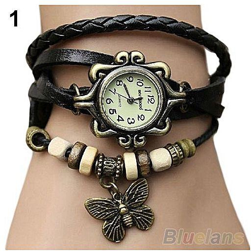 Sanwood Womens Retro Faux Leather Bracelet Butterfly Decoration Quartz Wrist Watch-Black