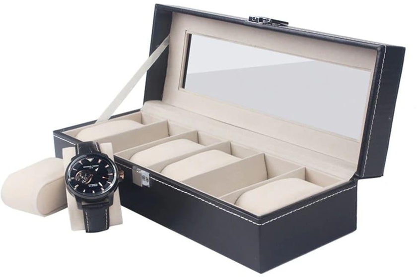 6 Slot Pu Watch Box Black Home Watch Organizer Gift Case Bracelet Holder Wrist Watch Display Stand With Clear Cover