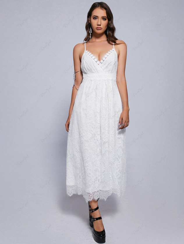 Plus Size Plunge Lace Party Semi Formal Maxi White Fairy Dress - M | Us 10