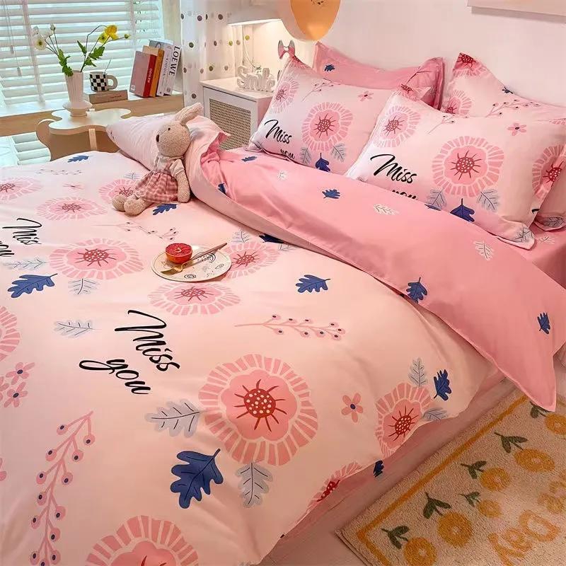 New Arrival 4 Pieces Bedding Set Duvet Cover Pink Flowers  Bedding sets & accessories(2 Pillow Covers +1 Duvet Cover +1 Bed Sheet) without Duvet