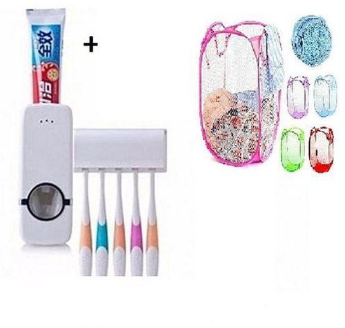 Toothpaste Dispenser & Tooth Brush Holder + 1 Free Foldable Laundry Basket-