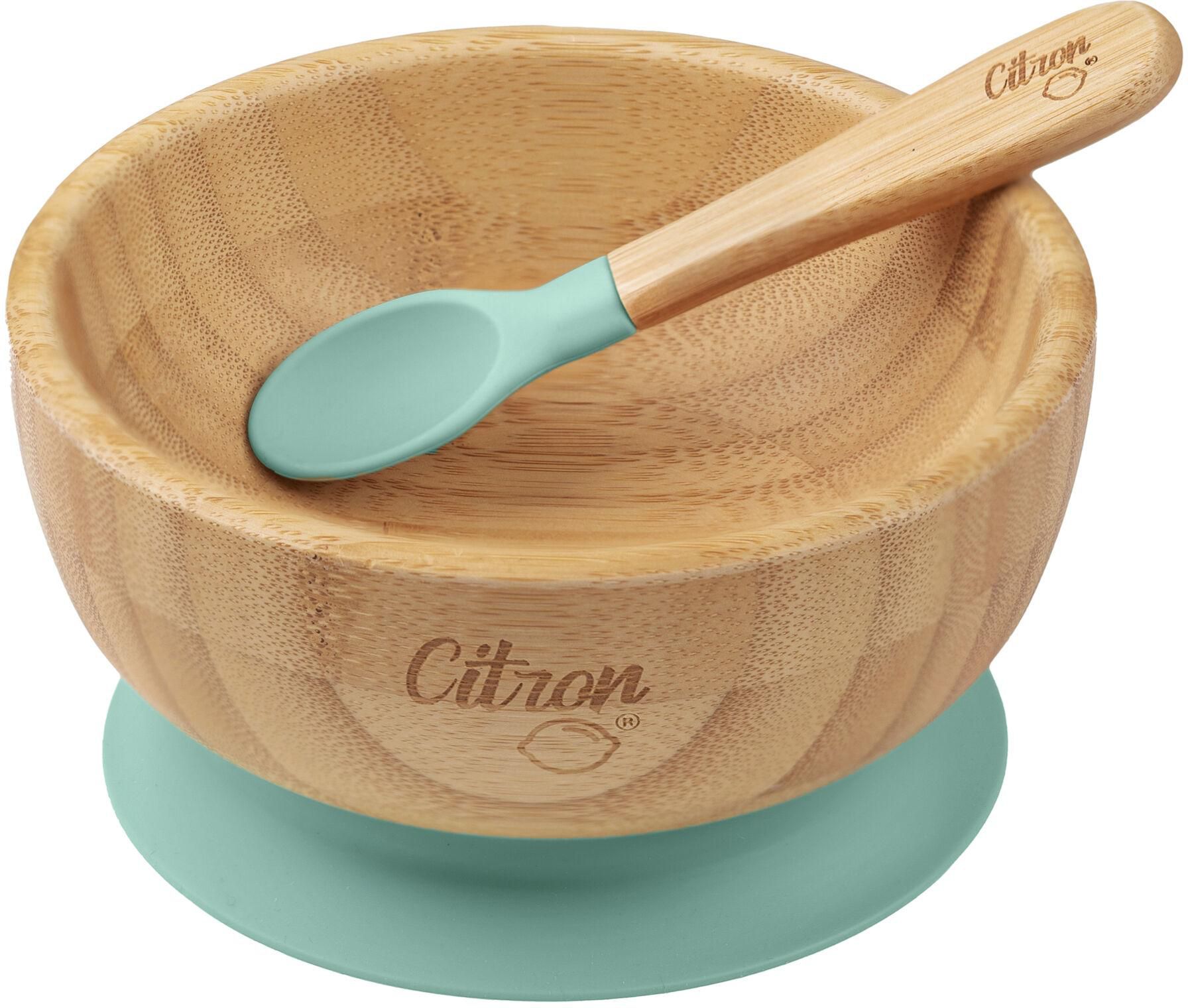 Citron Organic Bamboo Bowl 300ml Suction + Spoon Pastel Green