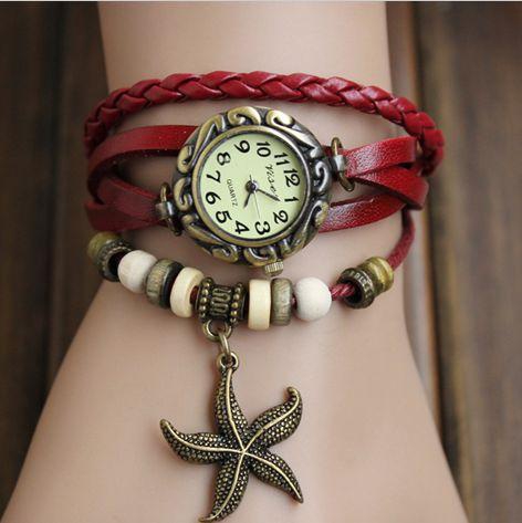 Leather Hand Knit Vintage Watches,bracelet Wristwatches Starfish Pendant‫(Red)