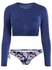 Long Sleeve Floral Two Piece Swimsuit - Blue - L