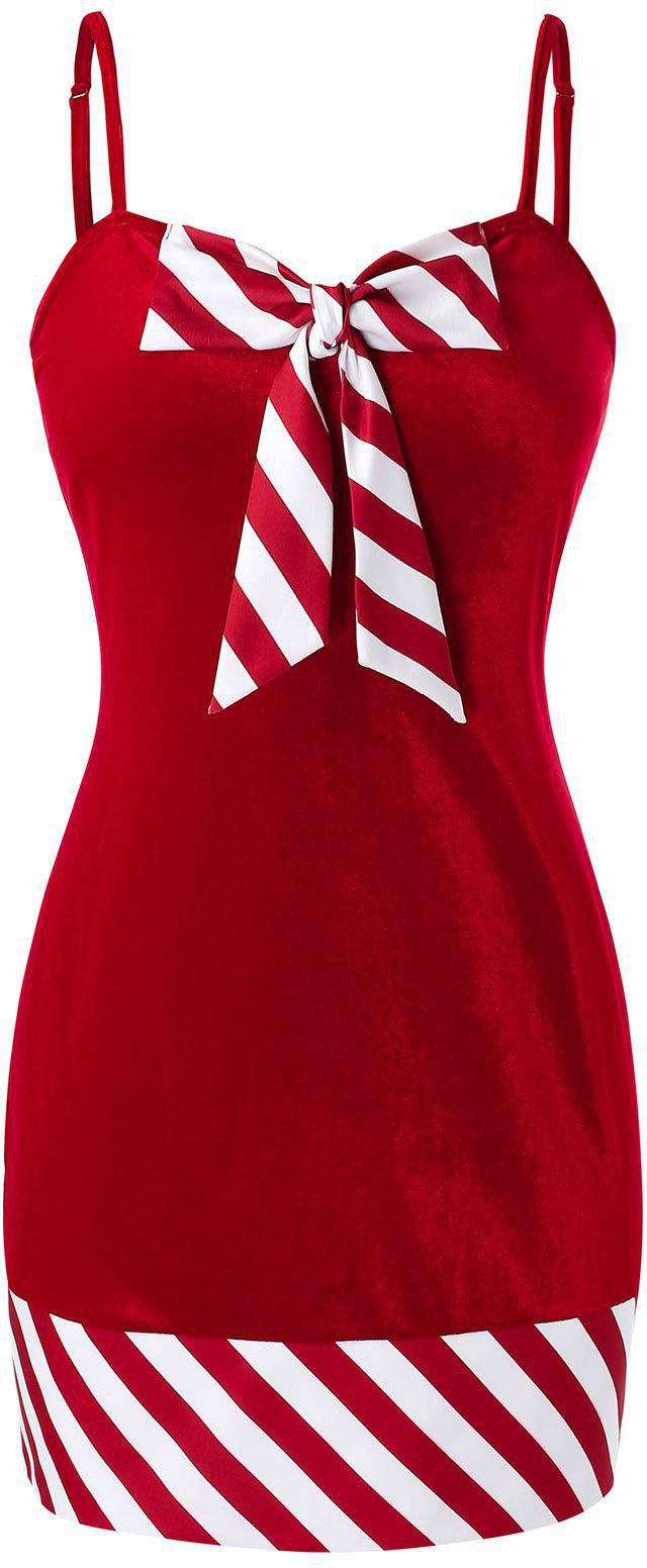 Plus Size Christmas Bowknot Striped Velvet Dress - 5x