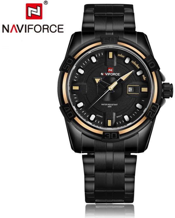 NAVIFORCE 9079 Men's Waterproof Full Steel Quartz Black Clock Watches-Gold Brown