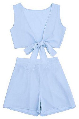 Fashion Tied Front Crop Top With Shorts Set - CLOUDY