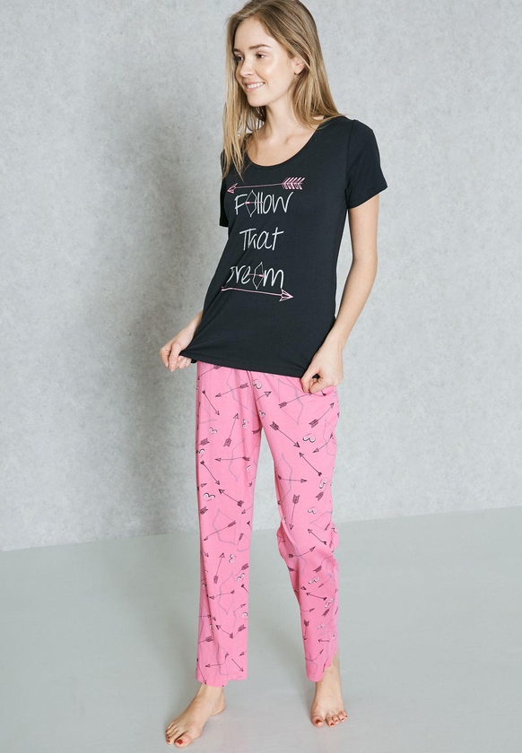 Slogan Printed Pyjama Set