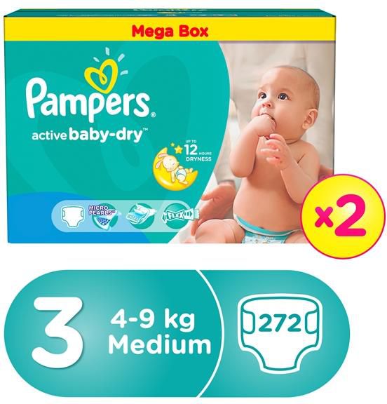 Pampers Active Baby Megabox Size 3 Medium ( 4 - 9 kg )  Dual Pack - 272 Diapers