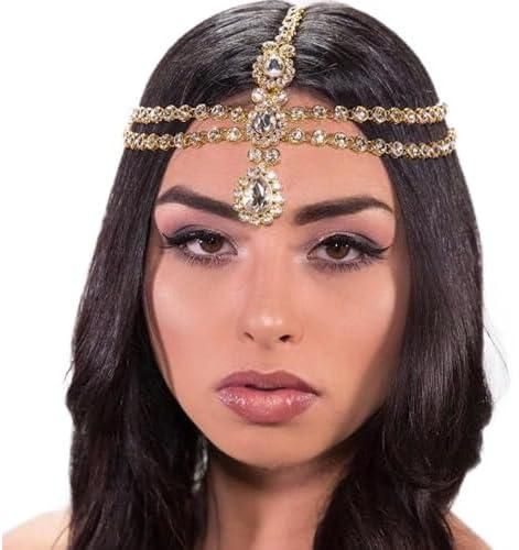 Rhinestone Boho Head Chain Jewelry Forehead Gold Head Jewelry Wedding Crystal Festival Hair Chain Multi-Layered Headpiece for Women and Girls
