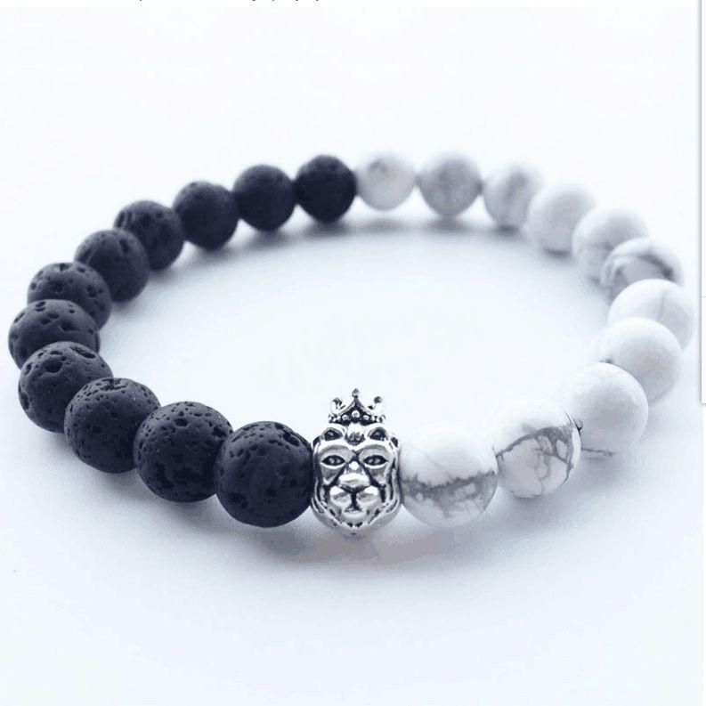 Mens Beaded Bracelets Stone Lava Rock Lion Head Crown Healing Energy Black and White