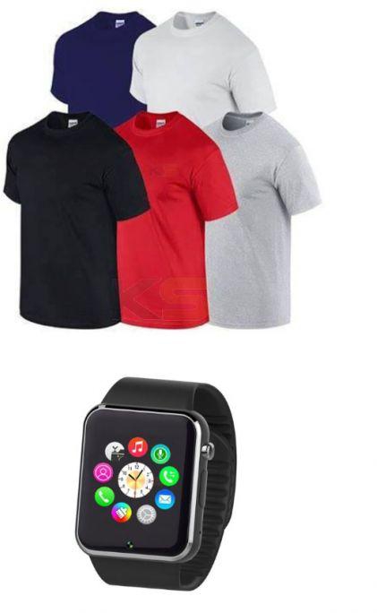 [Bundle Offer] 5in1Plain Round neck T-shirts + Fantime - SW08 Smart Phone Watch (Random Color's)