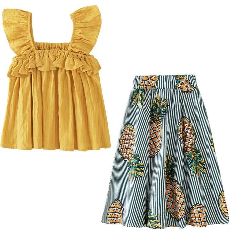 Pineapple Printed Skirt Girls Suit 4-12Y - 6 Sizes (White - Yellow)