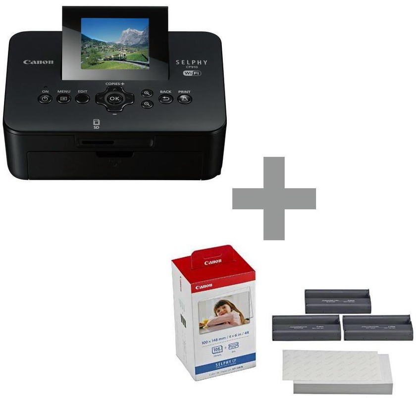 Canon SELPHY CP910 Black Wireless Compact Photo Printer Plus KP-108IN Color Ink and Paper Set