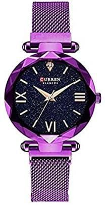 CURREN 9063 Luxury Women Watches Mesh Ladies Clock Magnet Buckle Starry Diamond Geometric Surface Casual Dress Quartz Wrist watch - Purple