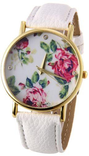 White Band Rose Flower Face Watch