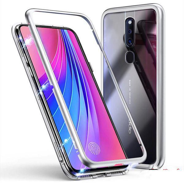 for OPPO F11 Pro Magnetic Case, Magnetic Adsorption Technology Metal Frame Case Aluminum 9H Tempered Glass Back Cover - Silver