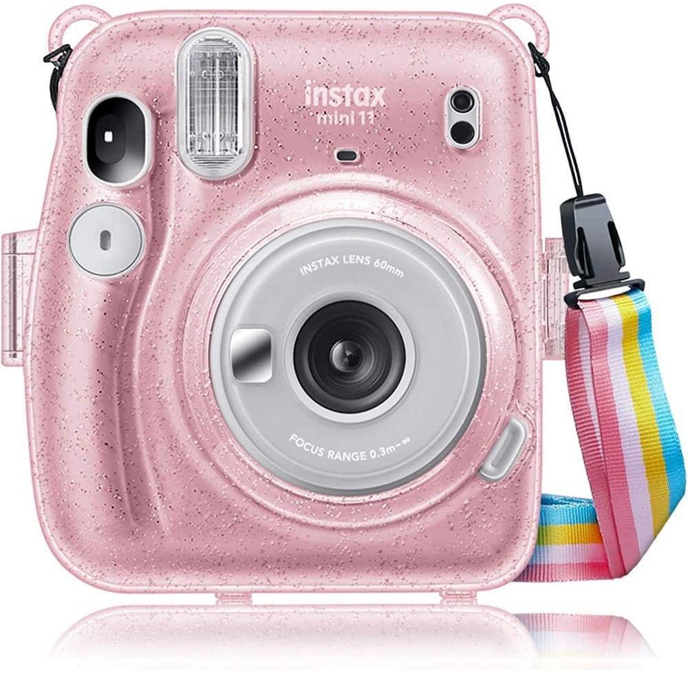 O Ozone Transparent Hard Camera Case For Fujifilm Instax Mini 11 Instant Camera Cover With Adjustable Strap [ Shining Case Designed For Instax Mini 11 Case ] - Glitter Pink