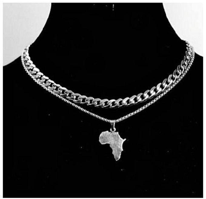 Map Of Africa Pendant With 2 Cuban Chains. Silver