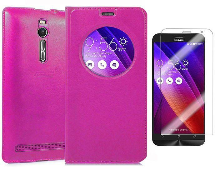 Quick Circle Leather Flip Case Battery Back Door Case with Screen Protector for Zenfone 2 -Hot Pink
