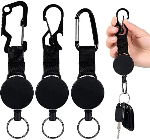 3 Pcs Retractable Keychain, Heavy Duty Carabiner Badge Holder, Tactical ID Badge Reel Clips Holder with 23.6 Inch Steel Retractable Cord for Hanging ID Card Name Key Chain (Black)