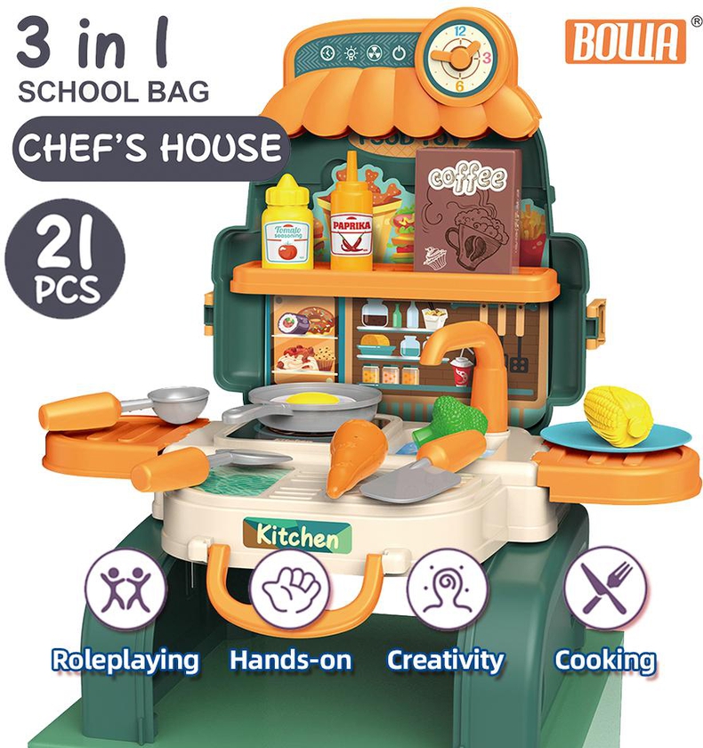 3 in 1 BOWA School Bag Chef's House Set Green Suitcase Pretend Play 8111BP