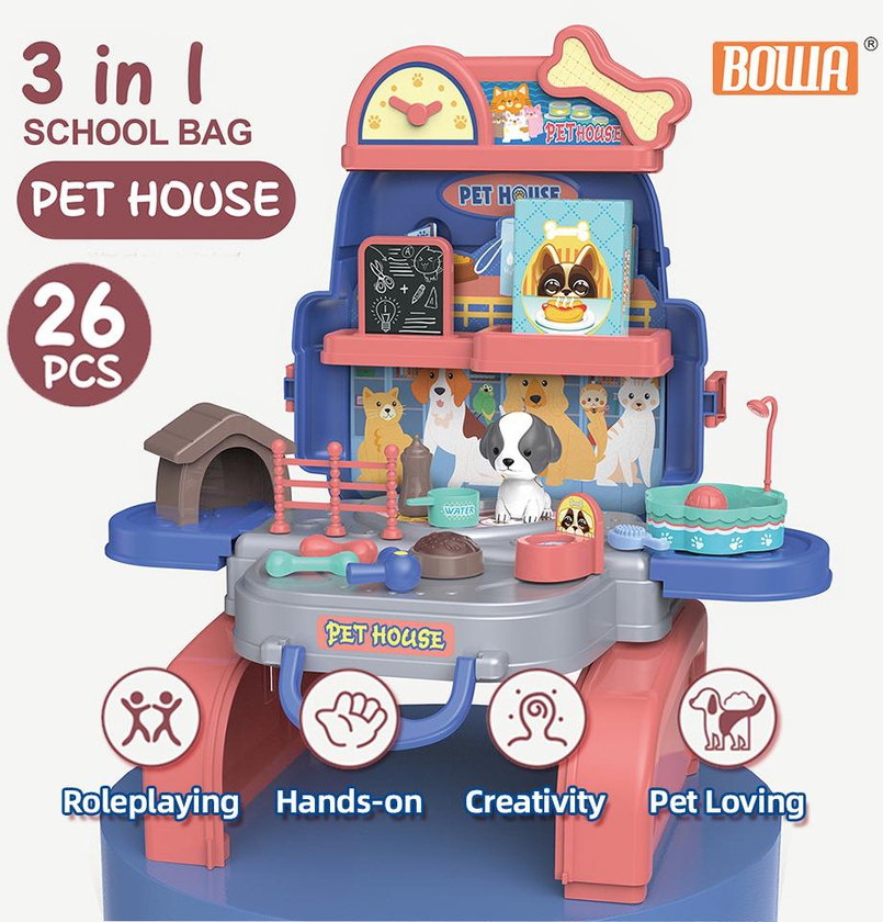 [3 IN 1] BOWA School Bag Pet House Puppy into Stall Set Suitcase Pretend Play