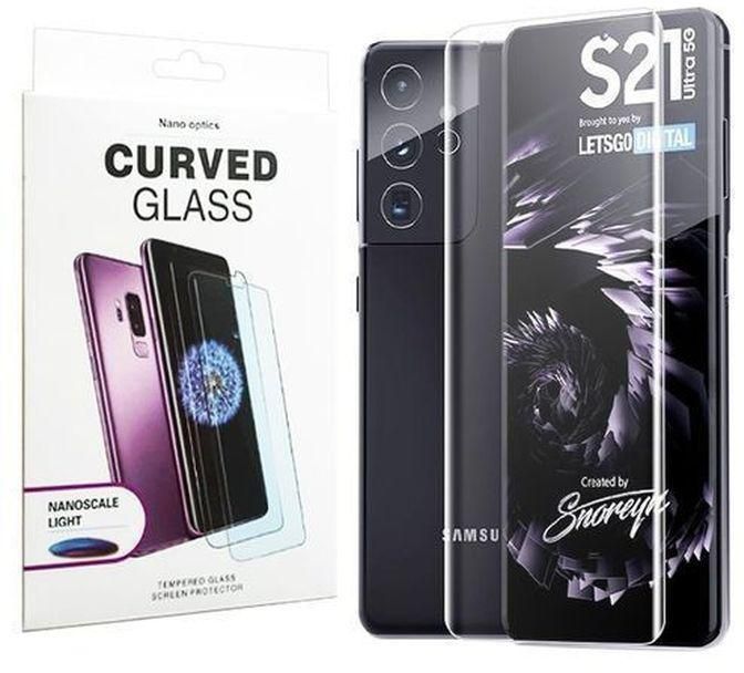 For Samsung S21 Ultra Screen Protector Nano Optics Curved Liquid Full Glue Glass With UV Light Dryer Fingerprint Unlock Fast- Clear