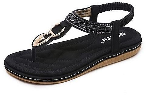 Fashion New Style Super Large Size Leather Women Sandals Bohemian Diamond Slippers Woman Flats Flip Flops Shoes Summer Beach Sandals -black