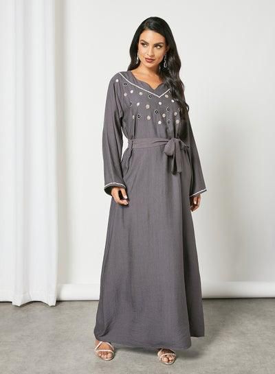 Embellished Sweatheart Neck Beaded Jalabiya With Belt Grey